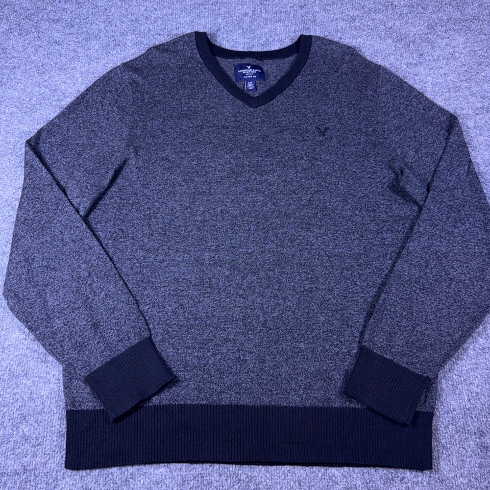 American Eagle Mens Large Classic Fit V-Neck Cotton Sweater Gray Navy Marled